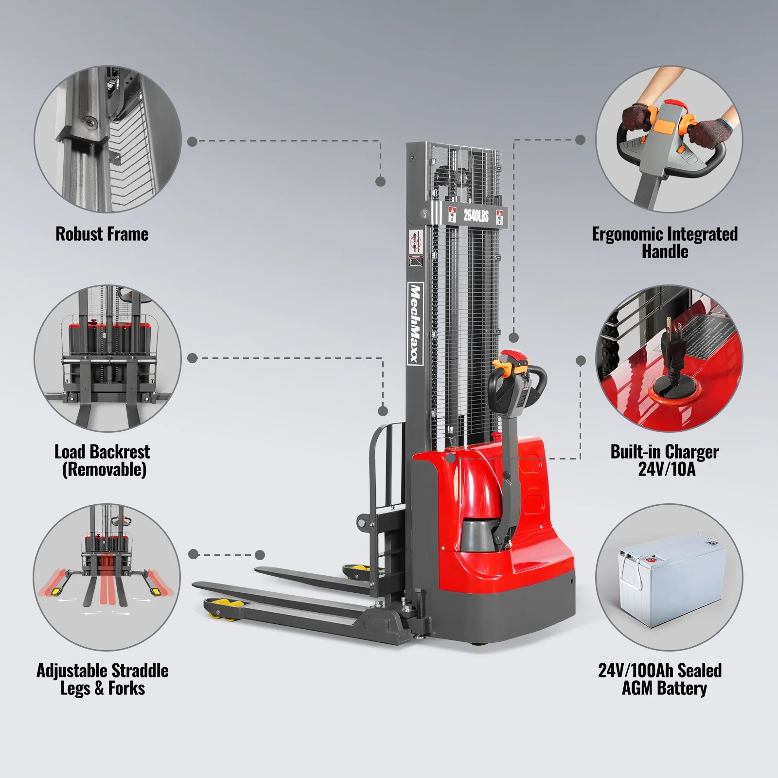 2640lbs Electric Straddle Stacker,  118" Lift,  Adjustable Legs & Forks,  F26-118SLA - Image 6