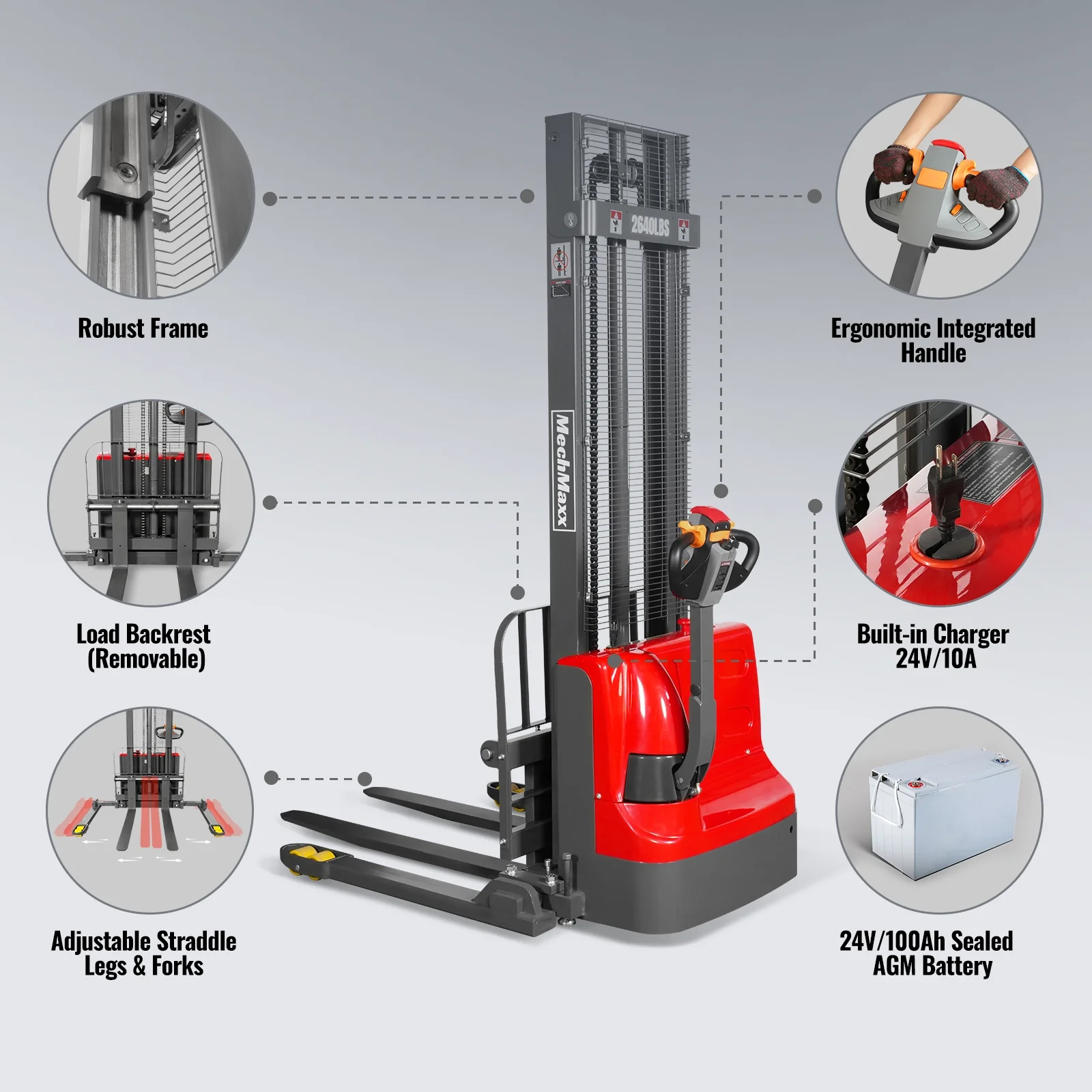 2640lbs Electric Straddle Stacker, 138" Lift,  Adjustable Legs & Forks,  F26-138SLA - Image 6