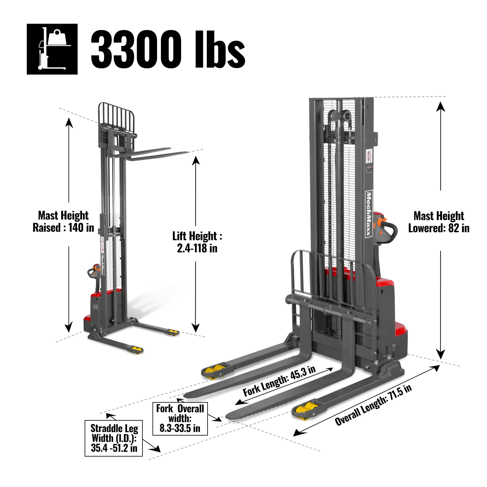 3300lbs Lithium-ion Electric Straddle Stacker,  118" Lift,  Adjustable Legs & Forks,  F33-118S - Image 5