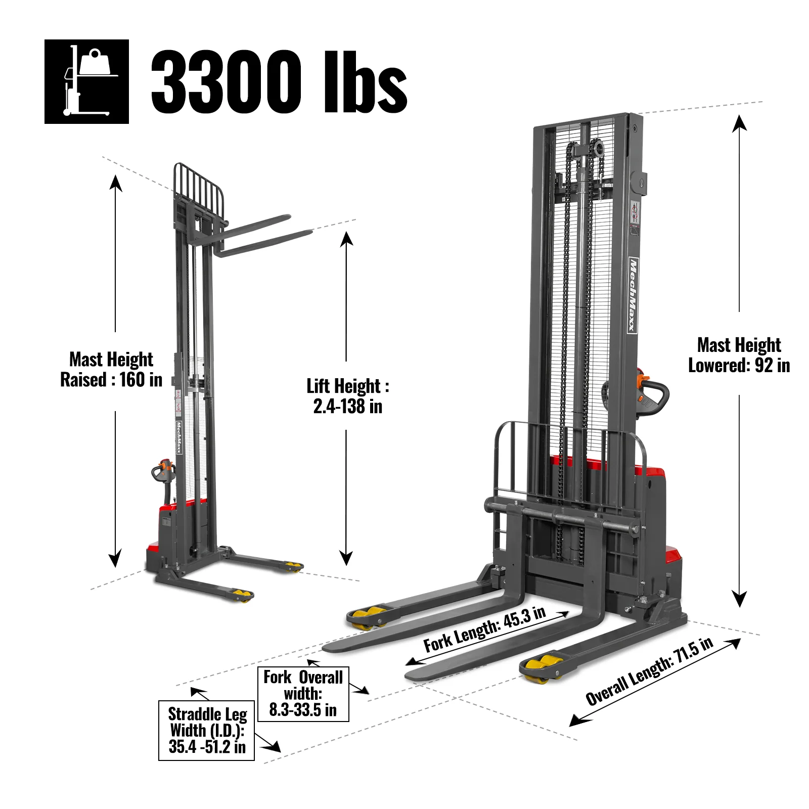 3300lbs Electric Straddle Stacker,  138" Lift,  Adjustable Legs & Forks,  F33-138SLA - Image 5