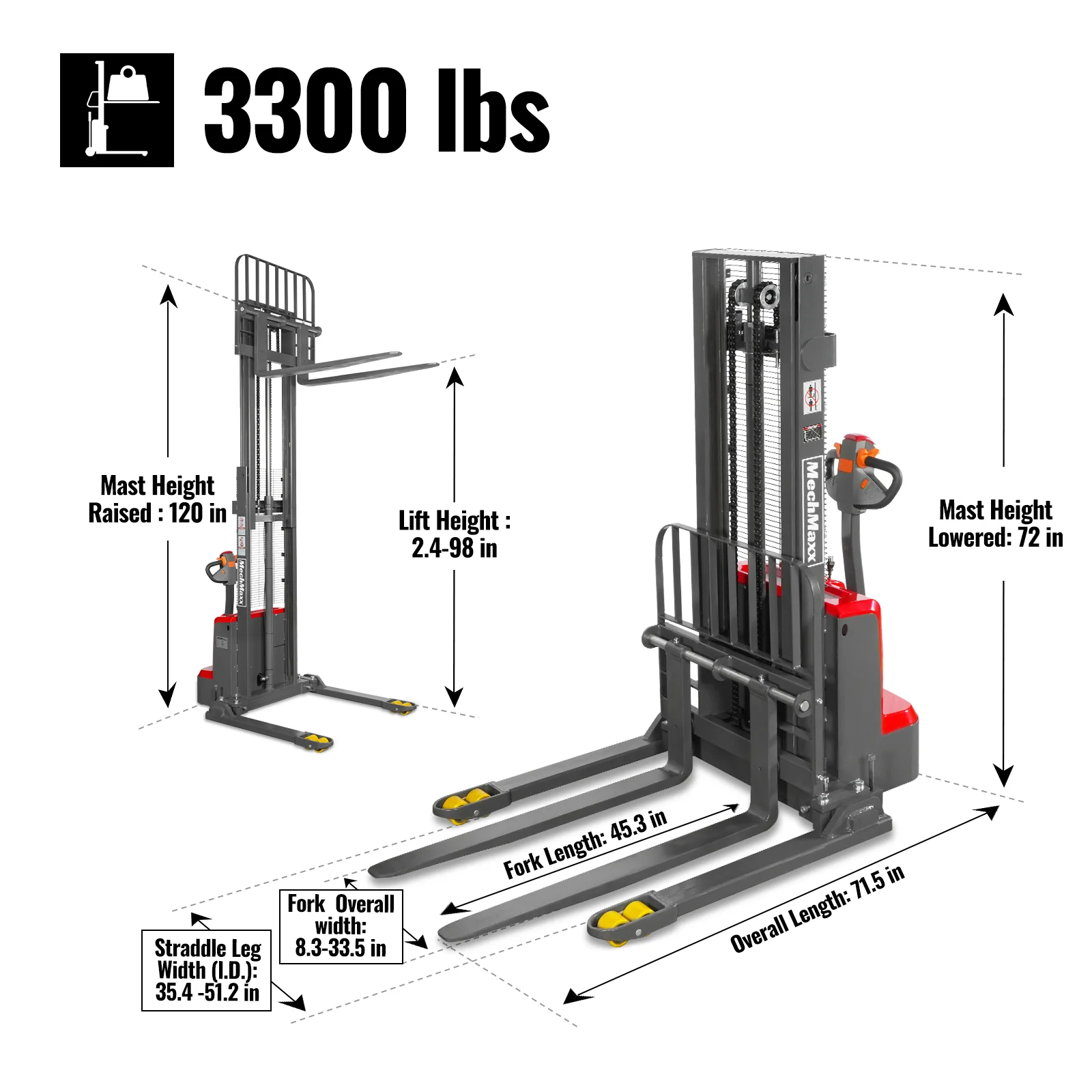 3300lbs Lithium-ion Electric Straddle Stacker,  98" Lift,  Adjustable Legs & Forks,  F33-98S - Image 5