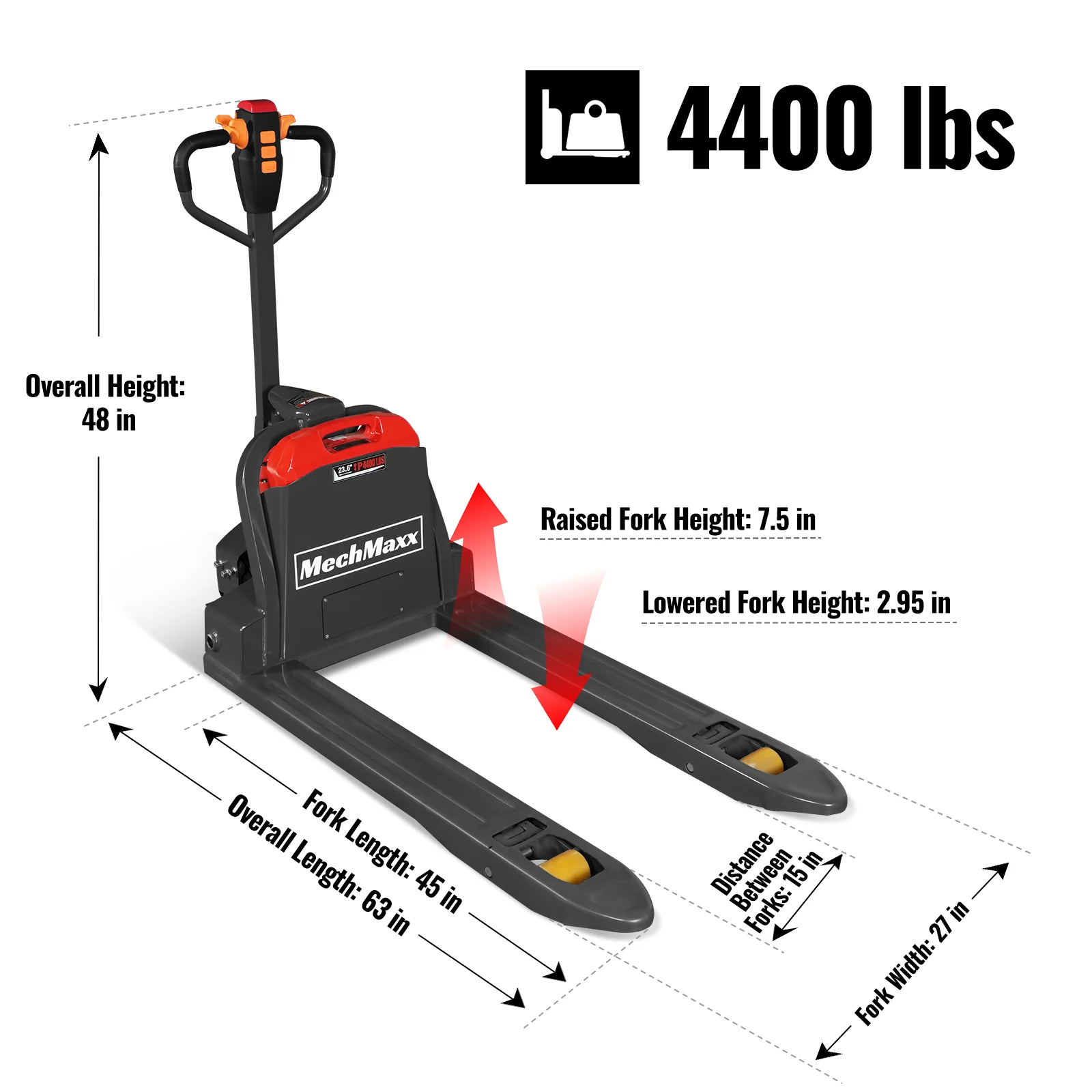 4400lbs Lithium-ion Electric Pallet Jack,  45"x27" Fork,  48V 30Ah Removable Battery,  Walkie Type Truck,  LPT44 - Image 4