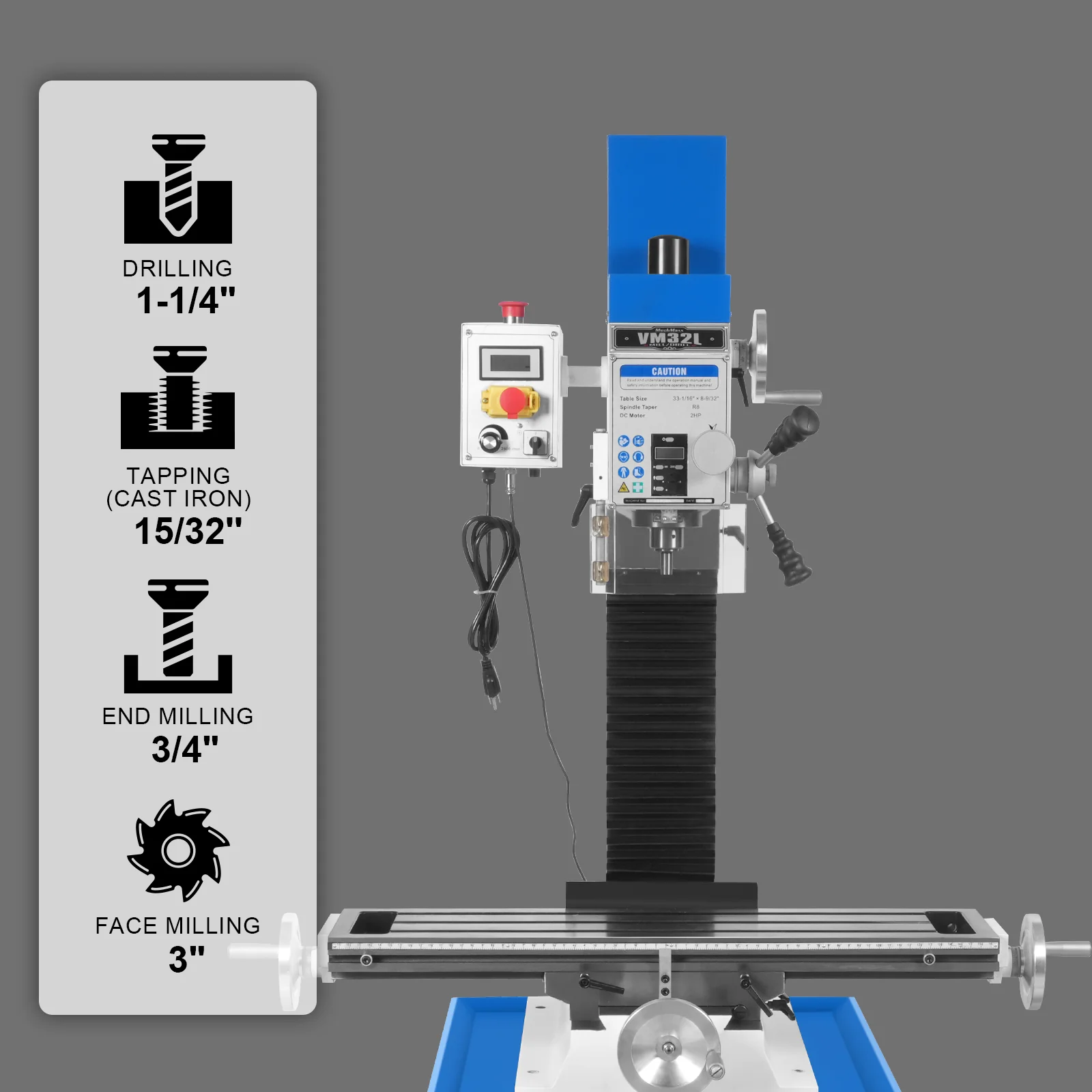 8-1/4"x33'' Industrial Benchtop Mill Drill Machine Brushless Motor, Variable Speed, R8 Spindle, 2 HP, 110V, Compact Milling Drilling Tool for Garage Shop, DIY Metalworking without Stand VM32L - Image 3