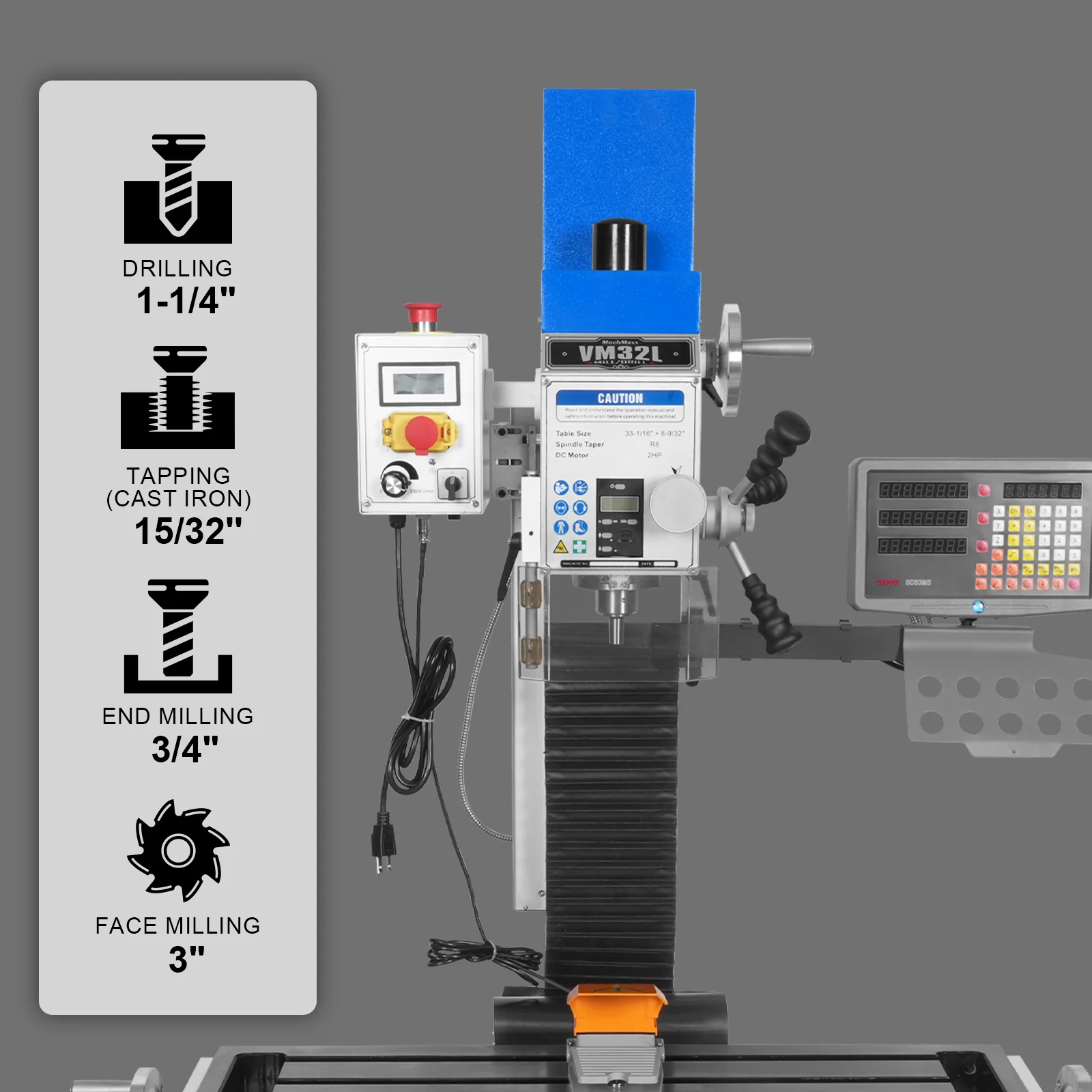 8-1/4"x33'' Industrial Benchtop Mill Drill Machine with DRO, Variable Speed, Brushless Motor, R8 Spindle, 2 HP, 110V, Compact Milling Drilling Tool for Garage Shop, DIY Metalworking without Stand VM32LD - Image 3