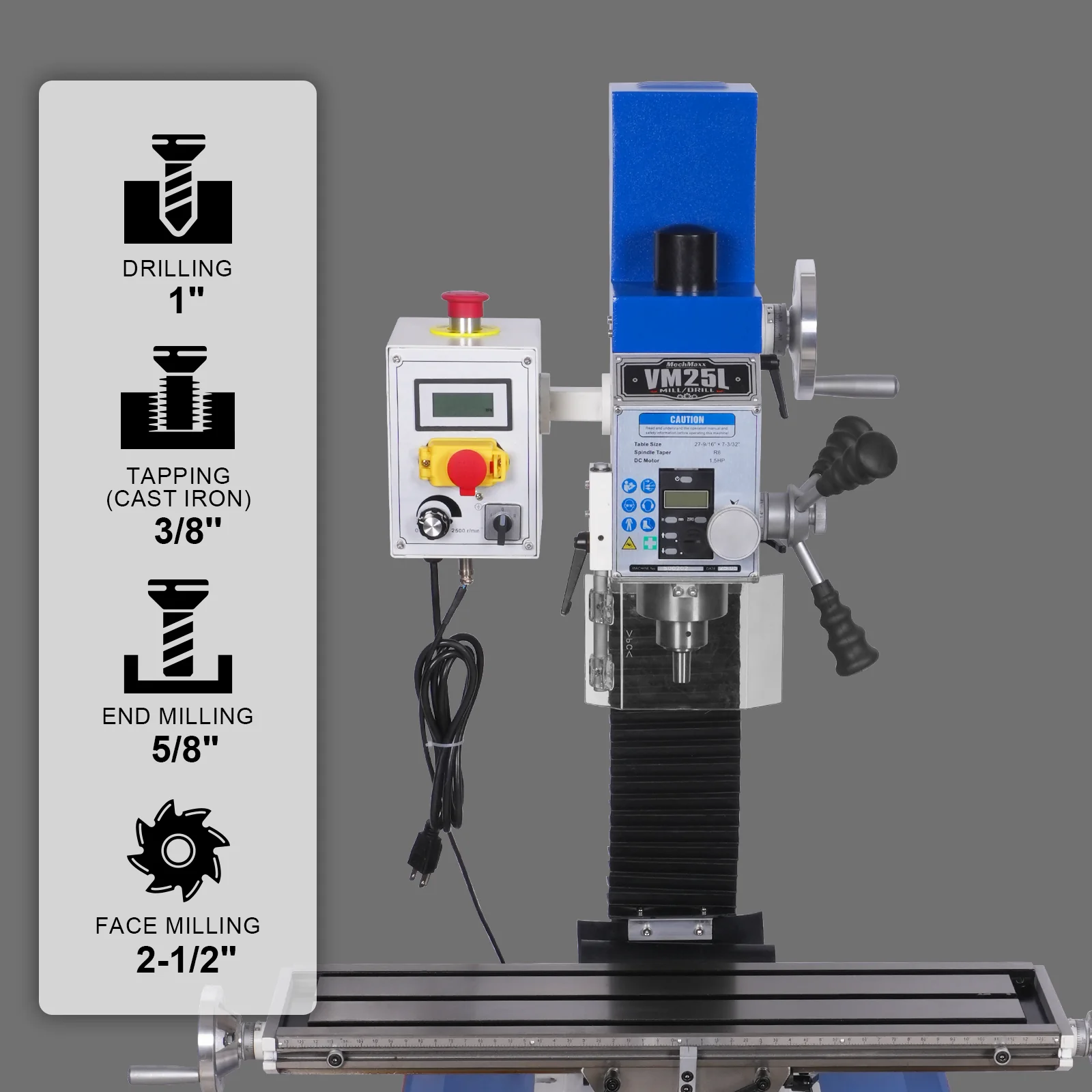 7‘’ x 27-1/2‘’ Benchtop Mini Mill Drill Machine, Variable Speed, Brshless Motor, R8 Spindle, 1.5 HP, 110V, Compact Milling Drilling Tool for Garage Shop, DIY Metalworking without Stand VM25L - Image 3