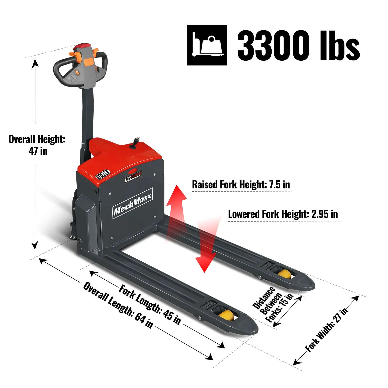 3300lbs Lithium-ion Electric Pallet Jack,  45"x27" Fork,  24V 40Ah Battery,  Walkie Type Truck,  EPT33 - Image 5