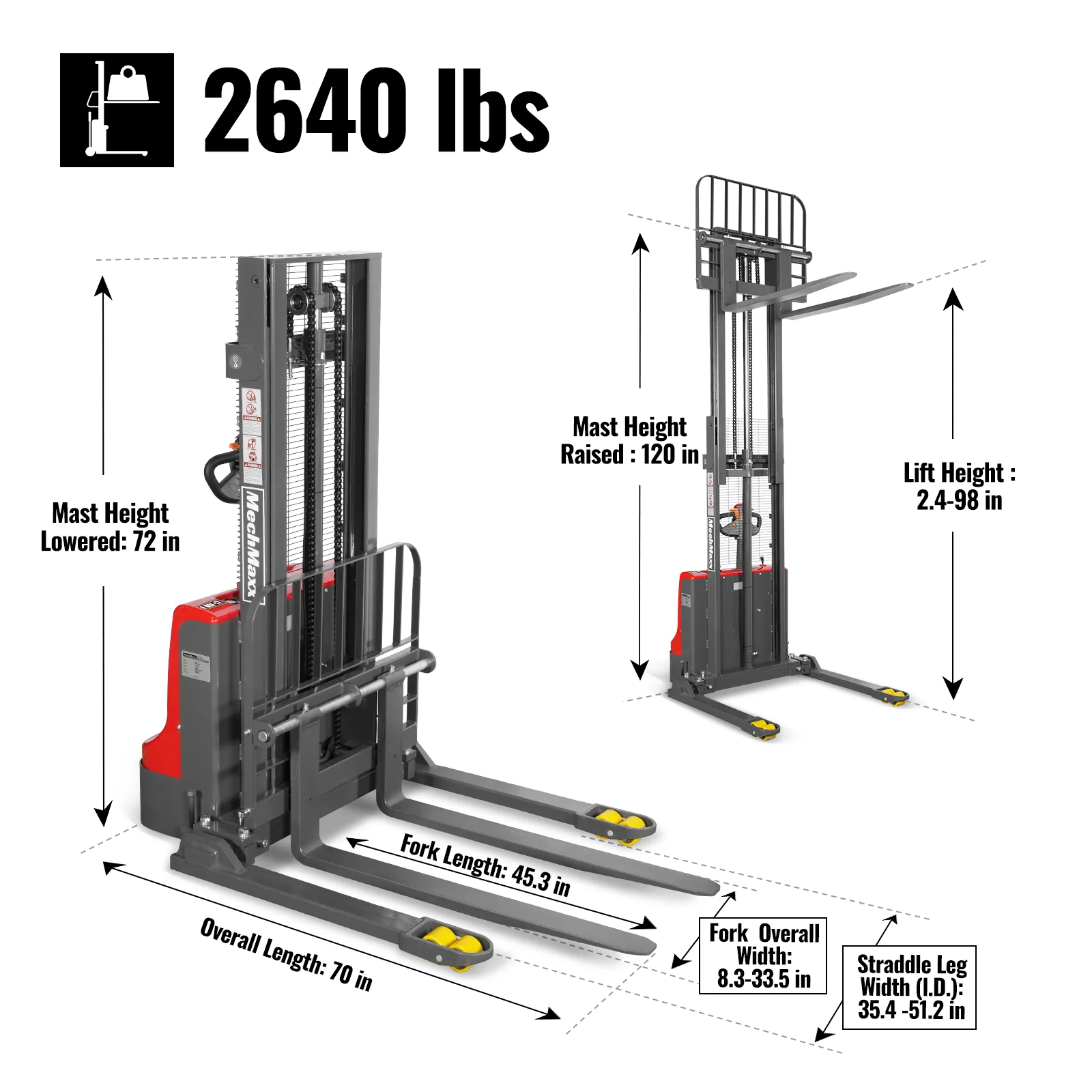 2640lbs Lithium-ion Electric Straddle Stacker,  98" Lift,  Adjustable Legs & Forks,  F26-98S - Image 5