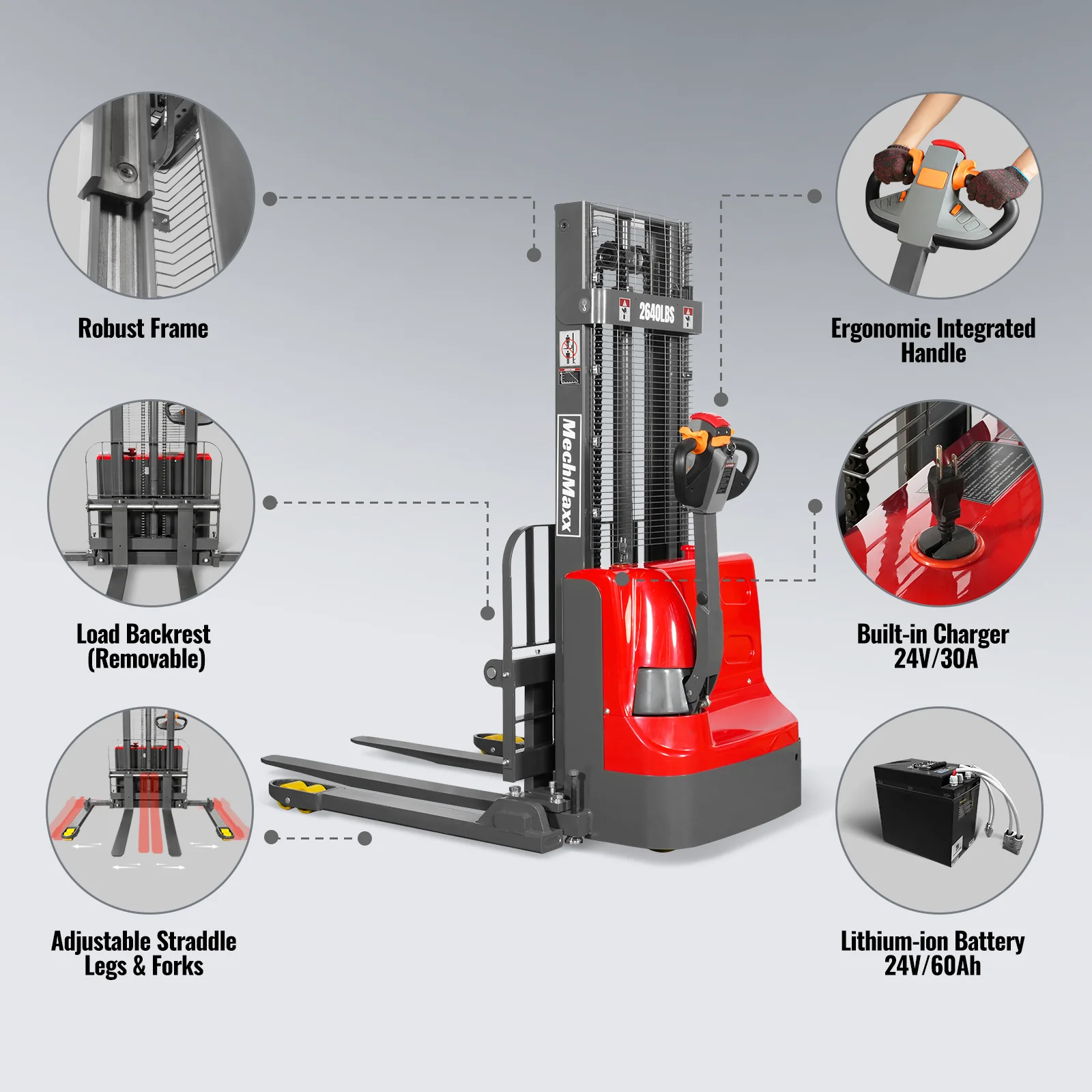 2640lbs Lithium-ion Electric Straddle Stacker,  98" Lift,  Adjustable Legs & Forks,  F26-98S - Image 6