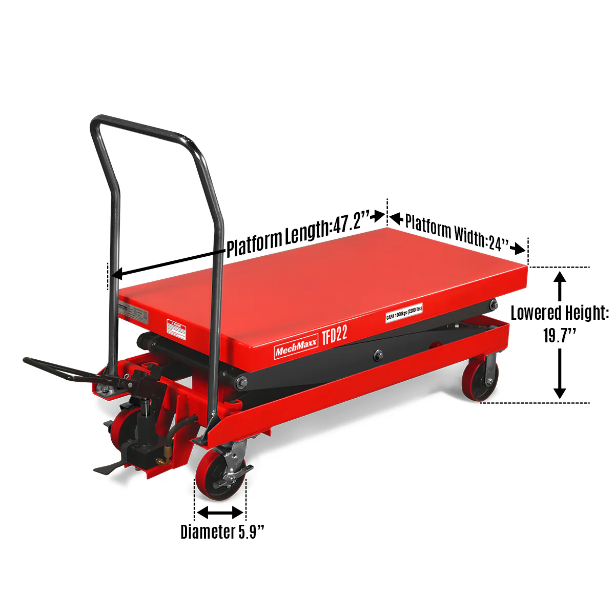 Mobile Double Scissor Lift Table Cart 2200lbs Capacity,  Platform Size,  47.2" x 24",  Height 66.9" ,  TFD22 - Image 3