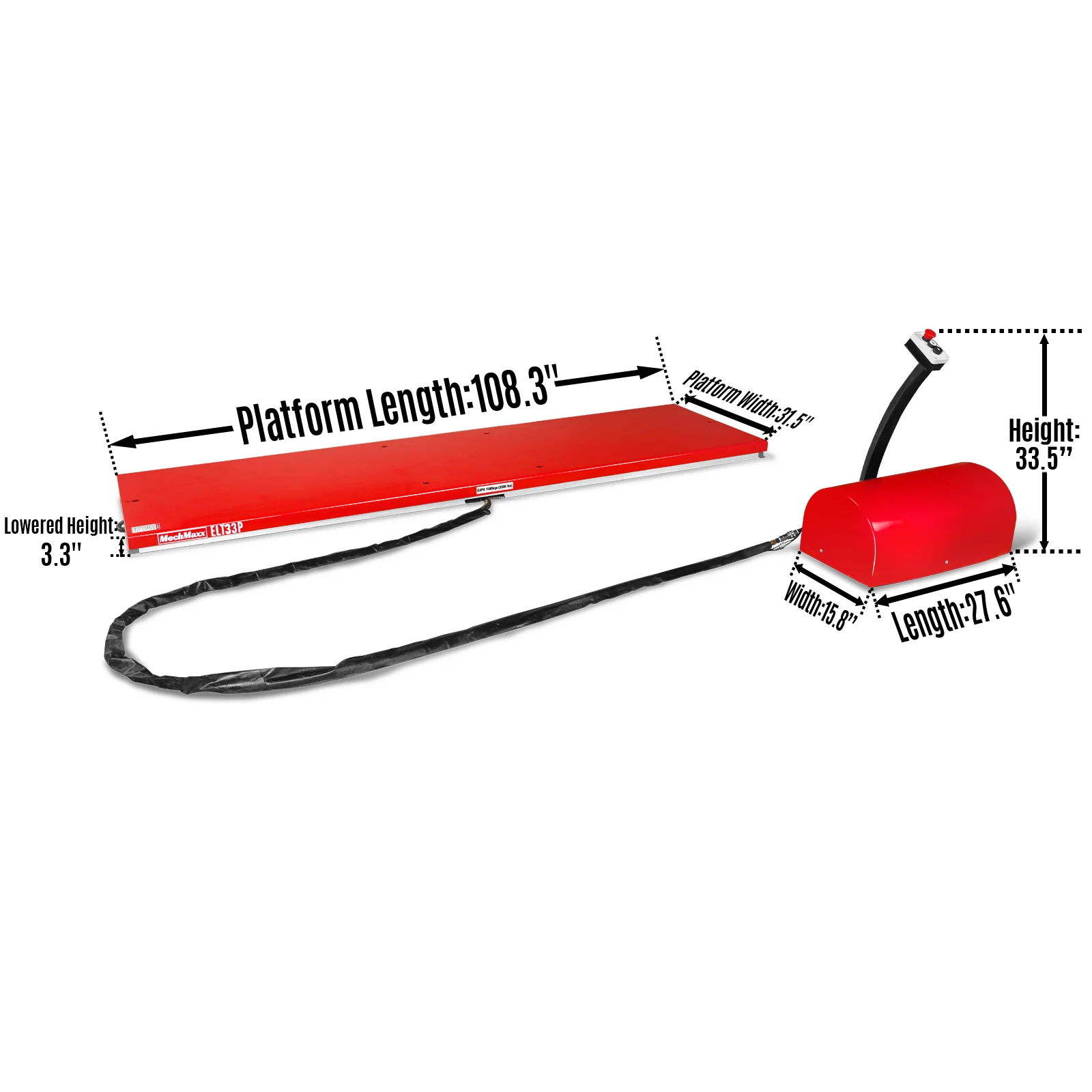 Stationary Electric Hydraulic Parallel Double Scissor Lift Table 3300lb Capacity,  108.3" x 31.5" Platform,  33.9" Lift Height,  UL Certified Motor,  ELT33P - Image 3