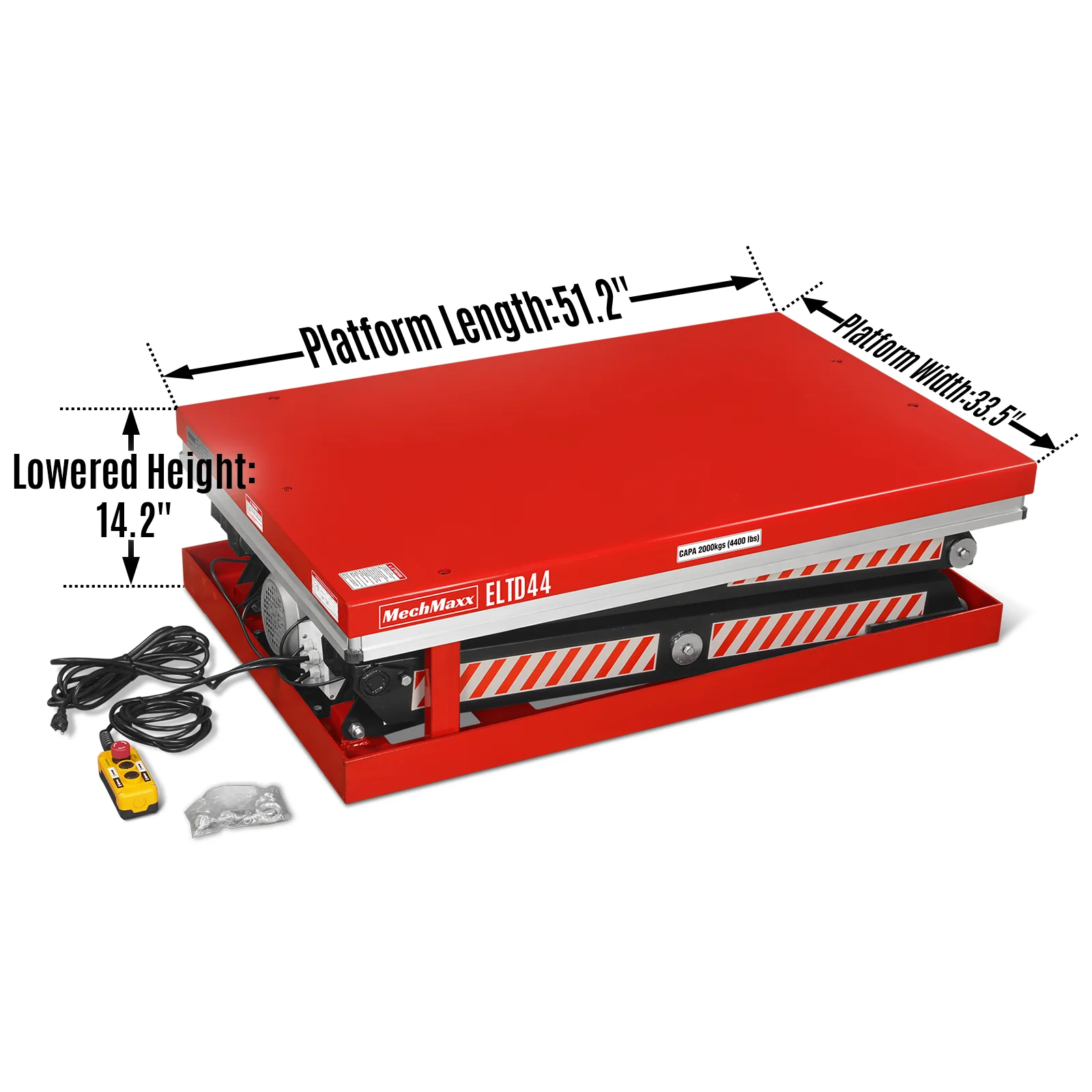 4400lbs Capacity Stationary Electric Hydraulic Double Scissor Lift Table,  51.2" x 33.5" Platform,  70.1" Lift Height,  UL Certified Motor,  ELTD44 - Image 3